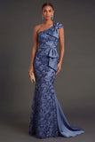 One Shoulder Navy Appliqued Floral Sheath Long Formal Dress with Cape