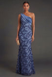 Floral One Shoulder Ruched Sheath Long Navy Formal Dress