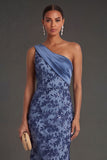 Floral One Shoulder Ruched Sheath Long Navy Formal Dress