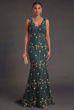 Floral Dark Green Mermaid Appliqued V Neck Long Formal Dress
