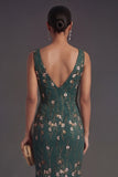 Floral Dark Green Mermaid Appliqued V Neck Long Formal Dress