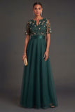 Floral Dark Green A Line V Neck Appliqued Long Formal Dress with Belt