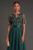 Floral Dark Green A Line V Neck Appliqued Long Formal Dress with Belt