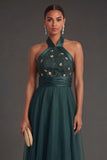 Halter Neck A Line Floral Appliqued Backless Long Formal Dress