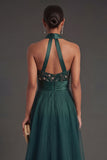 Halter Neck A Line Floral Appliqued Backless Long Formal Dress