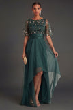 Short Sleeves A Line Floral Dark Green Round Neck High Low Formal Dress