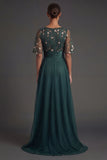 Short Sleeves A Line Floral Dark Green Round Neck High Low Formal Dress