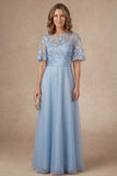 Sky Blue Floral Appliqued A Line Round Neck Long Mother Dress