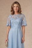 Sky Blue Floral Appliqued A Line Round Neck Long Mother Dress