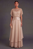 Champagne Sparkly Beaded A Line Ruffled Round Neck Long Formal Dress