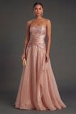 Beaded Dusty Rose A Line Strapless Ruched Backless Long Formal Dress