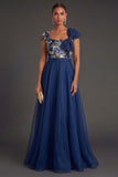 Backless A Line Square Neck Floral Long Formal Dress with Bow