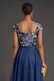 Backless A Line Square Neck Floral Long Formal Dress with Bow