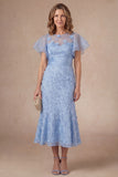 Light Blue Mermaid Floral Appliqued Ruffled Midi Mother Dress