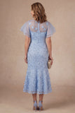 Light Blue Mermaid Floral Appliqued Ruffled Midi Mother Dress