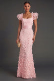 Leely Women Blush Sheath Ruffled Floral Long Formal Dress Appliqued Square Neck Evening Dress