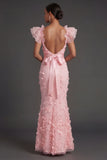 Blush Sheath Ruffled Floral Appliqued Square Neck Long Formal Dress