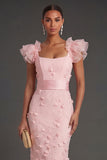 Blush Sheath Ruffled Floral Appliqued Square Neck Long Formal Dress