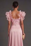 Ruffled A Line Satin Dusty Rose Beaded Satin Long Formal Dress with Slit