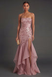 Dusty Rose Strapless Mermaid Ruffled Sequins Long Formal Dress with Slit