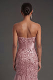 Dusty Rose Strapless Mermaid Ruffled Sequins Long Formal Dress with Slit