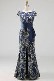 Navy Floral Cap Sleeves Mermaid Long Formal Dress with Slit