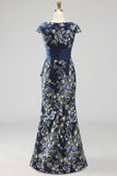 Navy Floral Cap Sleeves Mermaid Long Formal Dress with Slit