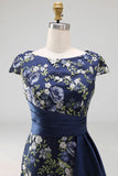 Navy Floral Cap Sleeves Mermaid Long Formal Dress with Slit