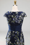 Navy Floral Cap Sleeves Mermaid Long Formal Dress with Slit