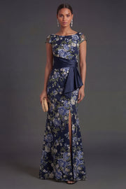Navy Floral Cap Sleeves Mermaid Long Formal Dress with Slit