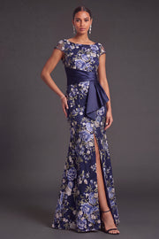 Navy Floral Cap Sleeves Mermaid Long Formal Dress with Slit