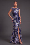Navy Floral Cap Sleeves Mermaid Long Formal Dress with Slit