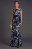 Navy Floral Cap Sleeves Mermaid Long Formal Dress with Slit