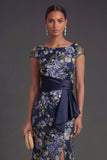 Navy Floral Cap Sleeves Mermaid Long Formal Dress with Slit