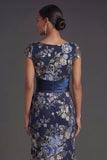 Navy Floral Cap Sleeves Mermaid Long Formal Dress with Slit