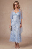 Sheath Sky Blue Sparkly Beaded Appliqued Long Mother of the Bride Dress