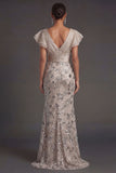 Apricot V-Neck Sequined Mermaid Long Formal Dress with Ruffles