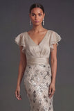 Apricot V-Neck Sequined Mermaid Long Formal Dress with Ruffles
