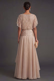 Champagne Sparkly Beaded A Line Ruffled Round Neck Long Formal Dress