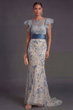 Sparkly Sequined Mermaid Ruffled Illusion Neck Dusty Blue Long Formal Dress