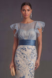 Sparkly Sequined Mermaid Ruffled Illusion Neck Dusty Blue Long Formal Dress