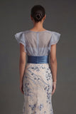 Sparkly Sequined Mermaid Ruffled Illusion Neck Dusty Blue Long Formal Dress