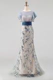 Sparkly Sequined Mermaid Ruffled Illusion Neck Dusty Blue Long Formal Dress