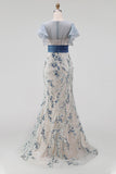 Sparkly Sequined Mermaid Ruffled Illusion Neck Dusty Blue Long Formal Dress