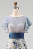Sparkly Sequined Mermaid Ruffled Illusion Neck Dusty Blue Long Formal Dress