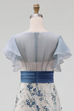Sparkly Sequined Mermaid Ruffled Illusion Neck Dusty Blue Long Formal Dress