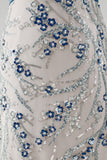 Sparkly Sequined Mermaid Ruffled Illusion Neck Dusty Blue Long Formal Dress