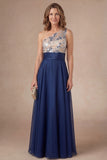 Sparkly Sequined Navy One Shoulder Appliqued A Line Long Mother of the Bride Dress