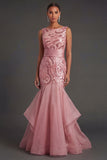 Pink Sparkly Sequined Mermaid Ruffled Long Formal Dress