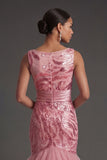Pink Sparkly Sequined Mermaid Ruffled Long Formal Dress